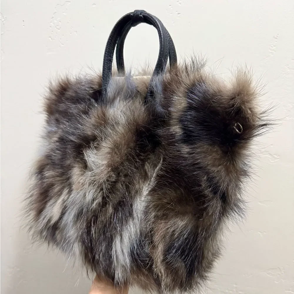 Genuine Fox Fur Handmade Large Tote/Metal Clip & Leather Handles Bag/Crossbody - Picture 12 of 16
